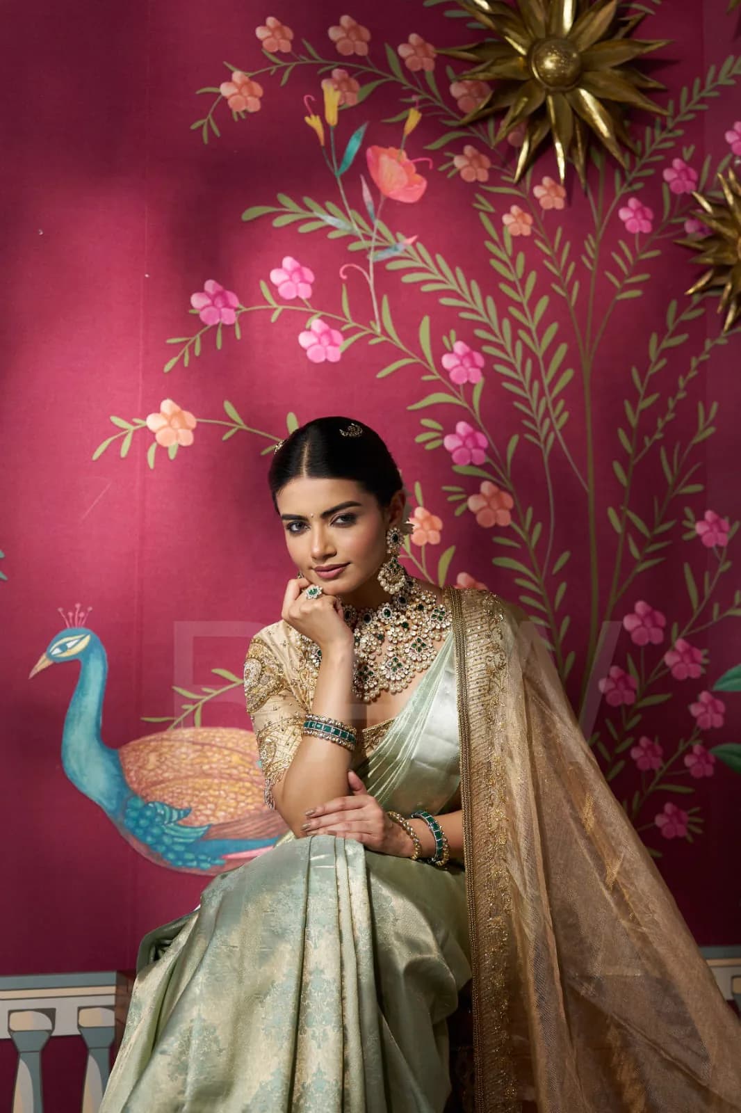 Bridal portrait against a regal peacock backdrop