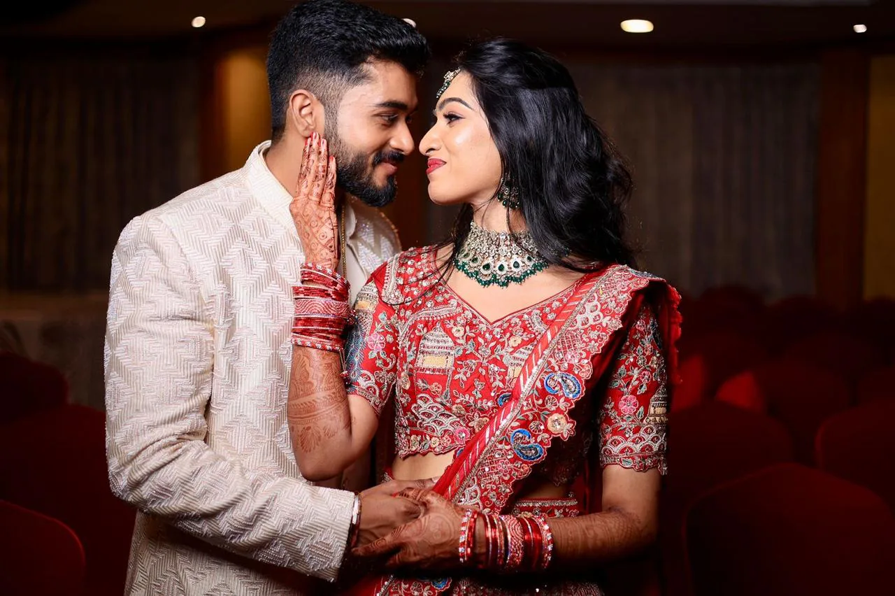 Bridal couple in coordinated wedding looks